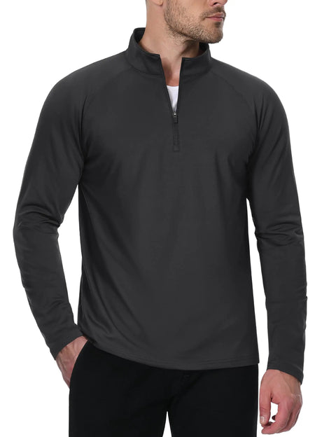 Model wearing Mens Thermal Fleece Lined Quarter Zip Sweatshirt Lightweight Long Sleeve Raglan Pullover With Stretch Fabric For All Season Cozy Warmth Golf Style Black Large, showing front view with hands in pockets.