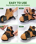"Lawn Aerator Shoes With 26 Spikes For Deep Soil Aeration, Easy To Install With Wrench Included, Spider Buckle Design" in four steps being attached to a boot.