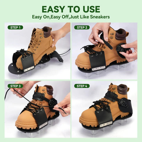 "Lawn Aerator Shoes With 26 Spikes For Deep Soil Aeration, Easy To Install With Wrench Included, Spider Buckle Design" in four steps being attached to a boot.