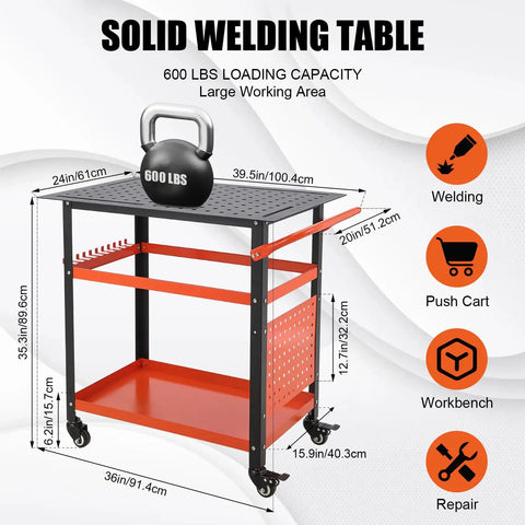 Heavy Hitter Steel Welding Table 600 Lbs Workbench with dimensions 36x24 inch, black and orange, designed for welding and repairs.