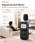 Real Time Decibel Meter With 2 Inch IPS Screen For Home And Office A Weighted Sound Level Meter Measuring 30 To 130 dB For TVs, Speakers, Appliances, Toys, Pool Pumps With Light And Dark Theme, shown in living room