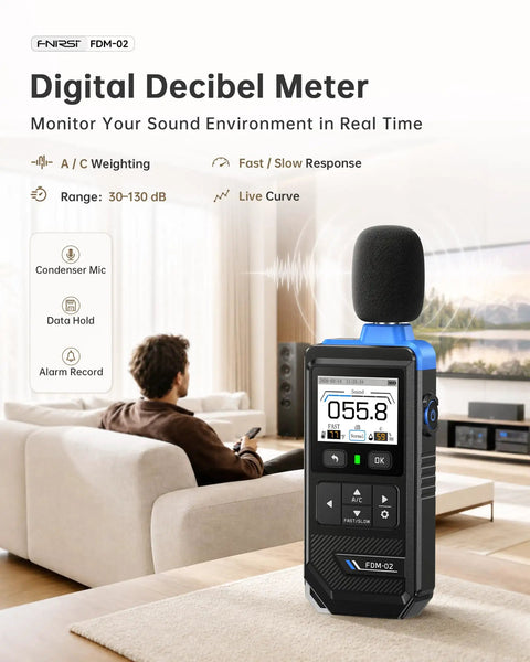 Real Time Decibel Meter With 2 Inch IPS Screen For Home And Office A Weighted Sound Level Meter Measuring 30 To 130 dB For TVs, Speakers, Appliances, Toys, Pool Pumps With Light And Dark Theme, shown in living room