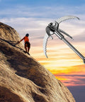 Stainless Steel 4 Claw Grappling Hook With Carabiner And 65ft 8mm Nylon Rope for Camping and Hiking shown near rock climber at sunset.