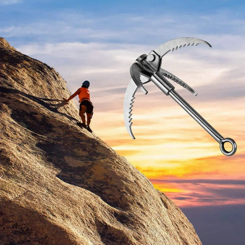 Stainless Steel 4 Claw Grappling Hook With Carabiner And 65ft 8mm Nylon Rope for Camping and Hiking shown near rock climber at sunset.