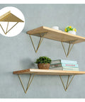 Rock Solid Heavy Duty Shelf Brackets In Matte Black Cast Iron Triangle Wall Mount Supports With Full Hardware Kit Easy Diy Floating Shelves That Handle Up To One Hundred Pounds Like A Champ, showcasing gold brackets with wooden shelves.
