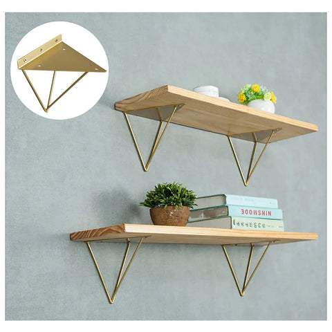 Rock Solid Heavy Duty Shelf Brackets In Matte Black Cast Iron Triangle Wall Mount Supports With Full Hardware Kit Easy Diy Floating Shelves That Handle Up To One Hundred Pounds Like A Champ, showcasing gold brackets with wooden shelves.