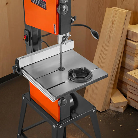Two Speed 10 Inch Benchtop Band Saw With Stand For Woodworking, 373W 1/2 HP, with cast iron table and miter gauge in a workshop