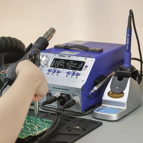 Do It All Four In One Soldering And Desoldering Kit in use with hot air rework, soldering iron, desoldering gun, PID temperature control.