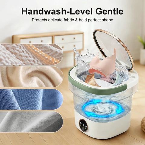 Upgrade Laundry Day To Total No Sweat With This Dope 22L Portable Foldable Washer Packed With Blue Light Washing And A Rapid Spin Basket Ideal For Baby Gear Socks And Underwear In Lime Green, showcasing delicate fabrics being washed.