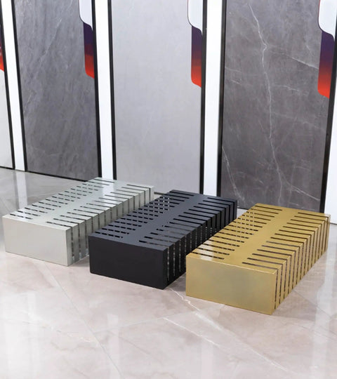 Heavy Duty Tile Display Stand With 28 Deep Sample Slots Built Like A Tank For Flooring Contractors Showroom Ready Gold Steel Rack in black, gold, and silver.