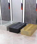 Top Shelf Compact Tile Sample Display Rack Loaded With 28 Deep Slots For Holding Building Materials And Ceramic Tiles Heavy Duty Gold Metal Stand Built Tough For Pros in silver, black, and gold.