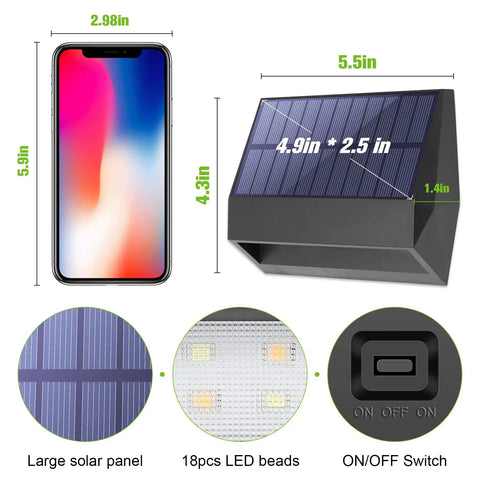 Diagram showing size comparison of Solar Fence Lights Outdoor LED 4 Pack Breezy Install With Two Color Modes to smartphone.