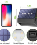 Lit Solar Fence Lights LED Outdoor Wall Lights IP65 Waterproof Eight Pack with dimensions, solar panel, LEDs, and switch diagram.