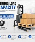 Heavy Duty 661 Lb Electric Pallet Stacker With Adjustable Forks Remote Control Material Lift Mini Forklift Copper Motor Safety Limit For Warehouse Shipping Easy Loads Smooth Moves with boxes on a pallet.