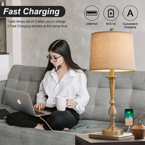 Dimmable Touch Control 25 Inch Modern USB Table Lamp Set on living room table, brass finish, dual USB ports, energy-saving LED lit