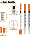 One Milliliter Syringes With Needles 30 Gauge Five Sixteenths Of An Inch 8mm U100 Individually Wrapped Thirty Pack For Lab Research And Medical Use With Clear Readouts And Precise Measurements. Product details showing clear scale, smooth plunger, protective cap