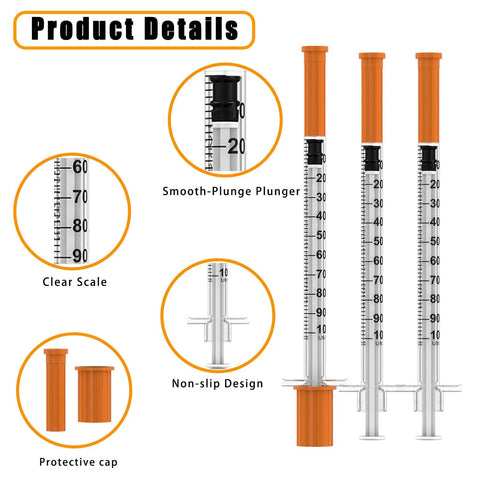 One Milliliter Syringes With Needles 30 Gauge Five Sixteenths Of An Inch 8mm U100 Individually Wrapped Thirty Pack For Lab Research And Medical Use With Clear Readouts And Precise Measurements. Product details showing clear scale, smooth plunger, protective cap