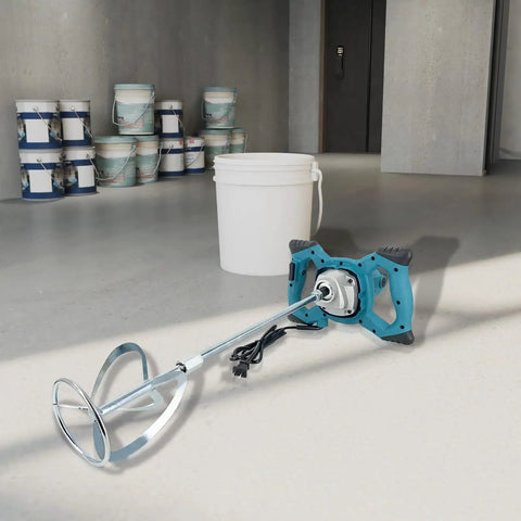 Beefy 2100W Electric Cement Mixer Handheld Portable Concrete And Mortar Mixer resting on workshop floor with paint buckets