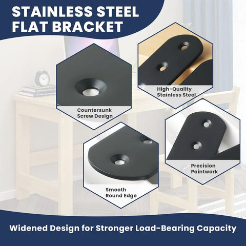 Badass Strength Black Stainless Steel Mending Plates 4 Pack Flat Furniture Brackets For Wood Repair Rock Solid Rust Proof Connectors 100X38Mm showing countersunk screw design and smooth edges.