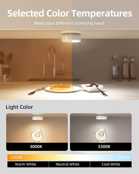 Under Cabinet Lights With Motion Sensor And 2 Color Temps showing warm and neutral light settings over a meal on a kitchen counter.