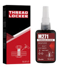 M271 Threadlocker bottle with red label and white cap beside black/red box, 50 ml.