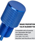 Pro Shop Grade Brake Proportioning Valve Bleeder Tool compatible with GM combo valves, blue aluminum body for easy bleeding.