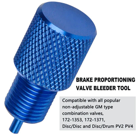 Pro Shop Grade Brake Proportioning Valve Bleeder Tool compatible with GM combo valves, blue aluminum body for easy bleeding.