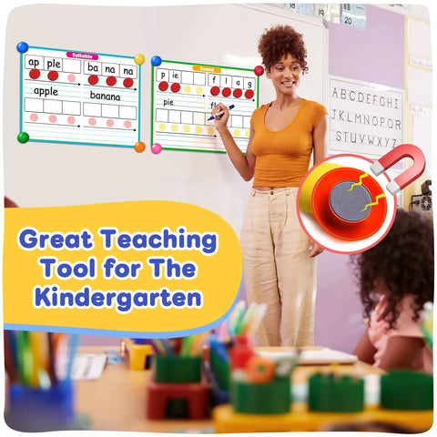 Teacher using Giant Phonics Dry Erase Cards Six Pack For Phonemic Awareness And Syllable Practice in kindergarten classroom.