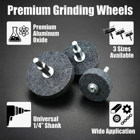 3-Piece Mounted Stone Grinding Wheel Set With 1/4 Inch Shank 40mm 50mm 60mm Diameter Aluminum Oxide Abrasive Wheels display