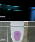 Next Level Tankless Smart Toilet With Auto Open Lid And Foot Kick Sensor Features Five Zone Heated Seat Plus Quick Dry Air Blower Dual Flush Options Ambient Night Glow Remote Control For No Fuss Bathroom Setups, top view showing stylish UVC sterilizer.