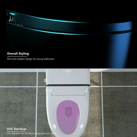 Next Level Tankless Smart Toilet With Auto Open Lid And Foot Kick Sensor Features Five Zone Heated Seat Plus Quick Dry Air Blower Dual Flush Options Ambient Night Glow Remote Control For No Fuss Bathroom Setups, top view showing stylish UVC sterilizer.