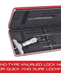 Micrometer Depth Gauge Set With Ratchet Speeder In Case, Plain Thimble, 0-3 Inch Range,.001 Inch Graduation, 2-1/2 Inch Base, Three Rods