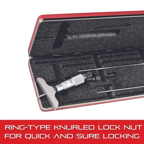 Micrometer Depth Gauge Set With Ratchet Speeder In Case, Plain Thimble, 0-3 Inch Range,.001 Inch Graduation, 2-1/2 Inch Base, Three Rods