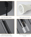 Modern Black Pendant Light Fixture With Dimmable LED Three Light Kit details: adjustable height, GU10 bulb, aluminum body, acrylic shade