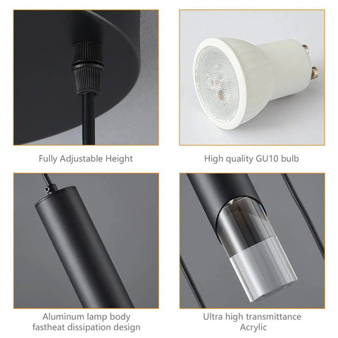 Modern Black Pendant Light Fixture With Dimmable LED Three Light Kit details: adjustable height, GU10 bulb, aluminum body, acrylic shade