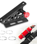 Rugged Aluminum Fire Extinguisher Mount Bracket Kit With Quick Release for Jeep Wrangler TJ JK JL JKU Polaris RZR Ranger Can Am X3 UTV and Boat Universal Roll Bar Holder, shown with adjustable straps and extinguisher installed.