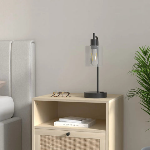 Upgraded Touch Control Desk Lamp With USB A And USB C Ports, AC Outlet, Glass Shade on nightstand beside bed, with books and glasses.