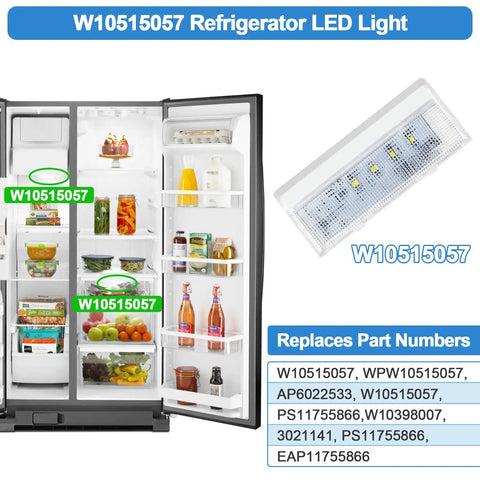 Open refrigerator displaying installed Upgraded W10515057 Refrigerator LED Light With Cover Replacement Easy Install