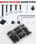 Titanium Motorcycle Fairing Bolt Kit 177Pcs Stainless Steel Screws Nuts Washers Clips and Allen Wrenches displayed.