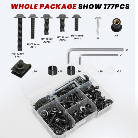 Titanium Motorcycle Fairing Bolt Kit 177Pcs Stainless Steel Screws Nuts Washers Clips and Allen Wrenches displayed.