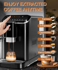 Real Deal Fully Automatic Espresso Machine With Smart Touch Panel Built In Grinder One Touch Milk Frother 1.5L Tank in use pouring coffee.