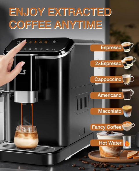 Real Deal Fully Automatic Espresso Machine With Smart Touch Panel Built In Grinder One Touch Milk Frother 1.5L Tank in use pouring coffee.