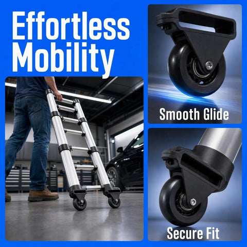 Telescopic Ladder Wheels And Retractable Wheel Casters Set For Folding Aluminum Ladders, 3.34x3.14in, smooth glide in garage.
