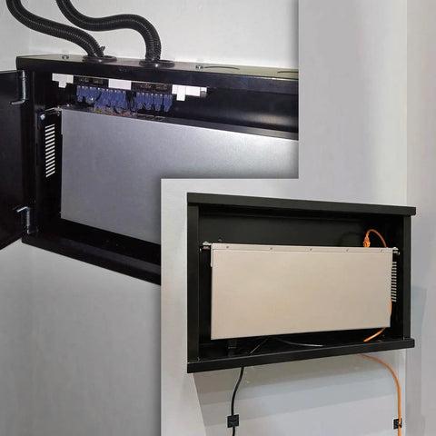 Bulletproof 2U Wall Mount Network Cabinet Featuring Lockable Solid Door And Heavy Gauge Black Steel Frame with cables and equipment visible.