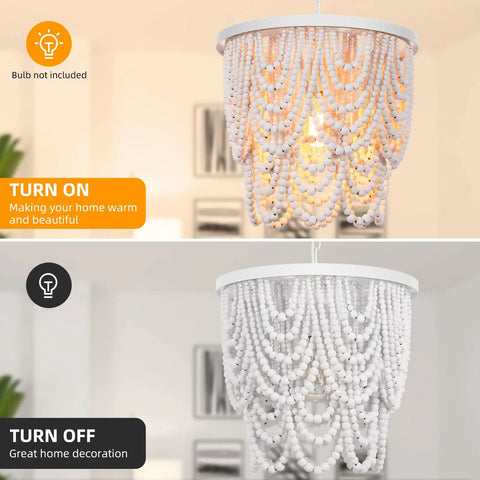 Two Tier White Wood Beaded Chandelier With Draped Maple Beads In Soft Painted White Finish, shown lit and unlit.