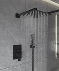 Complete Matte Black Shower System With 10 Inch Square Rain Shower Head And Handheld High Pressure Brass Valve Rough In Kit And Trim Stainless Steel Hose Easy Install No Fuss For Modern Bathrooms installed in a shower