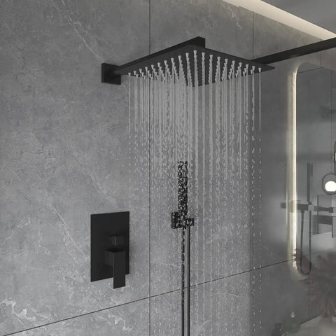 Complete Matte Black Shower System With 10 Inch Square Rain Shower Head And Handheld High Pressure Brass Valve Rough In Kit And Trim Stainless Steel Hose Easy Install No Fuss For Modern Bathrooms installed in a shower