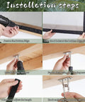 Installation steps for Adjustable RV Bunk Bed Safety Net Heavy Duty Polyester Mesh Guard Rail, showing fastening and setup process.