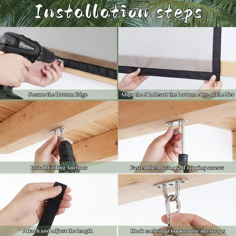 Installation steps for Adjustable RV Bunk Bed Safety Net Heavy Duty Polyester Mesh Guard Rail, showing fastening and setup process.