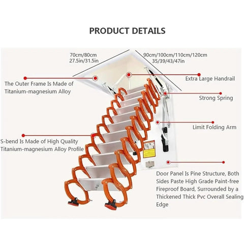 Electric Remote Control Attic Ladder With Hassle Free Pull Down Operation showing details of titanium-magnesium alloy frame and design.